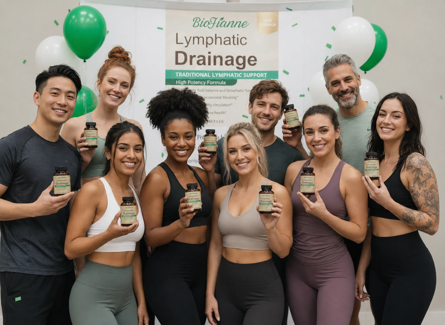 Group of diverse adults holding BioFianne Lymphatic Drainage supplement bottles at a wellness event, showcasing natural lymphatic support and healthy living.
