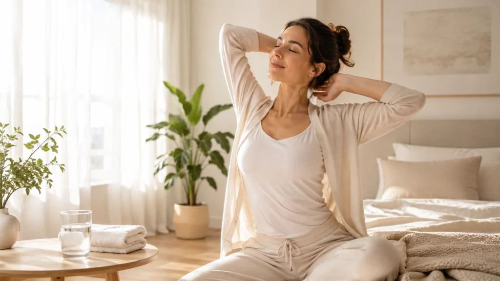 What Is Lymphatic Drainage? Benefits, Myths & Support Tips Woman doing gentle morning stretches to support lymphatic wellness and fluid balance