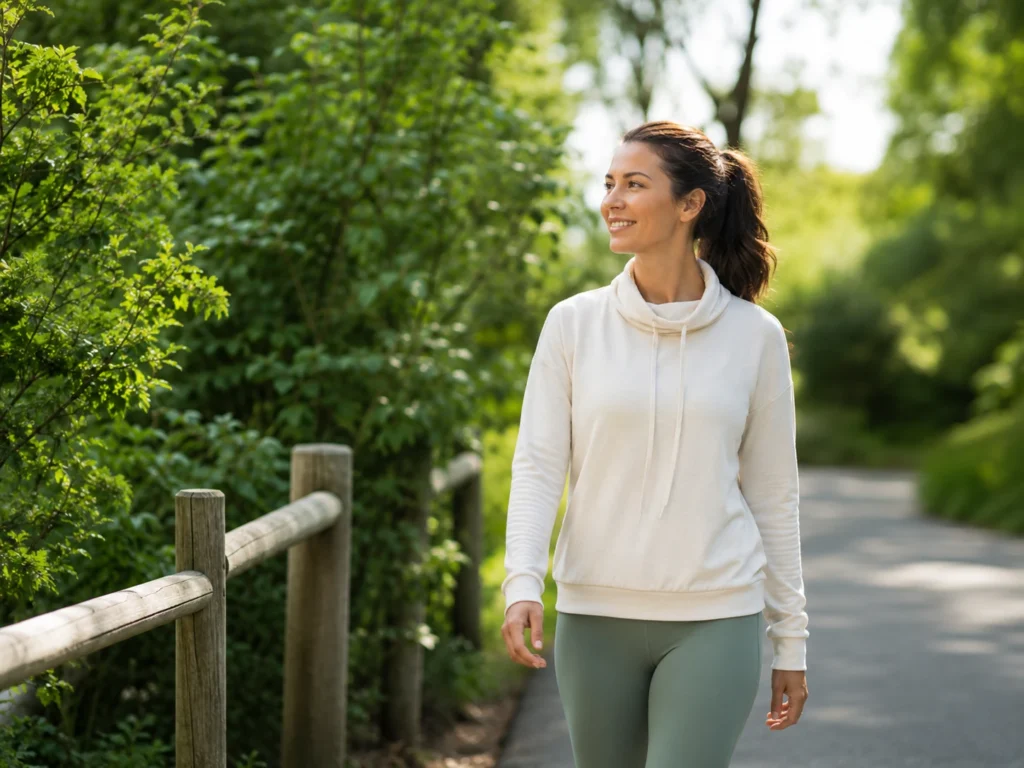 Woman walking outdoors to support healthy lymphatic flow