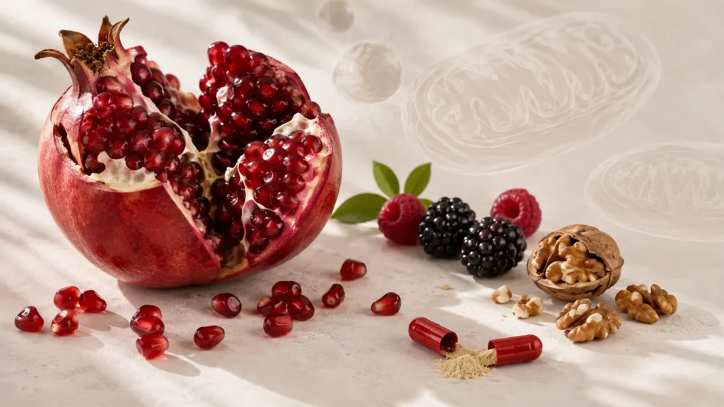 Pomegranate, berries and capsules representing Urolithin A and mitochondrial health